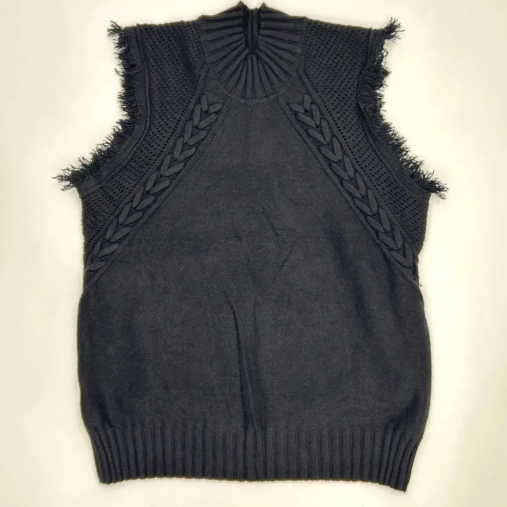 Black Mock Neck Cable Knit Sweater Vest Fringed Sleeveless Top Acrylic Cottage - Picture 2 of 7